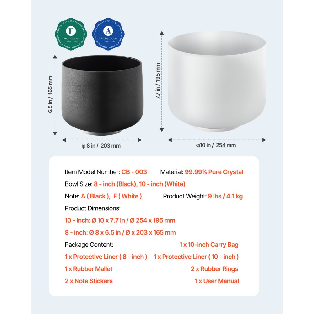 VEVOR 2PCS Crystal Singing Bowls, 8-inch and 10-inch A & F Note Singing Bowls, Frosted Quartz Singing Bowl with 10" Carrying Bag, 1 Rubber Mallet and 2 O-Rings, Ideal for Meditation Yoga Sound Healing