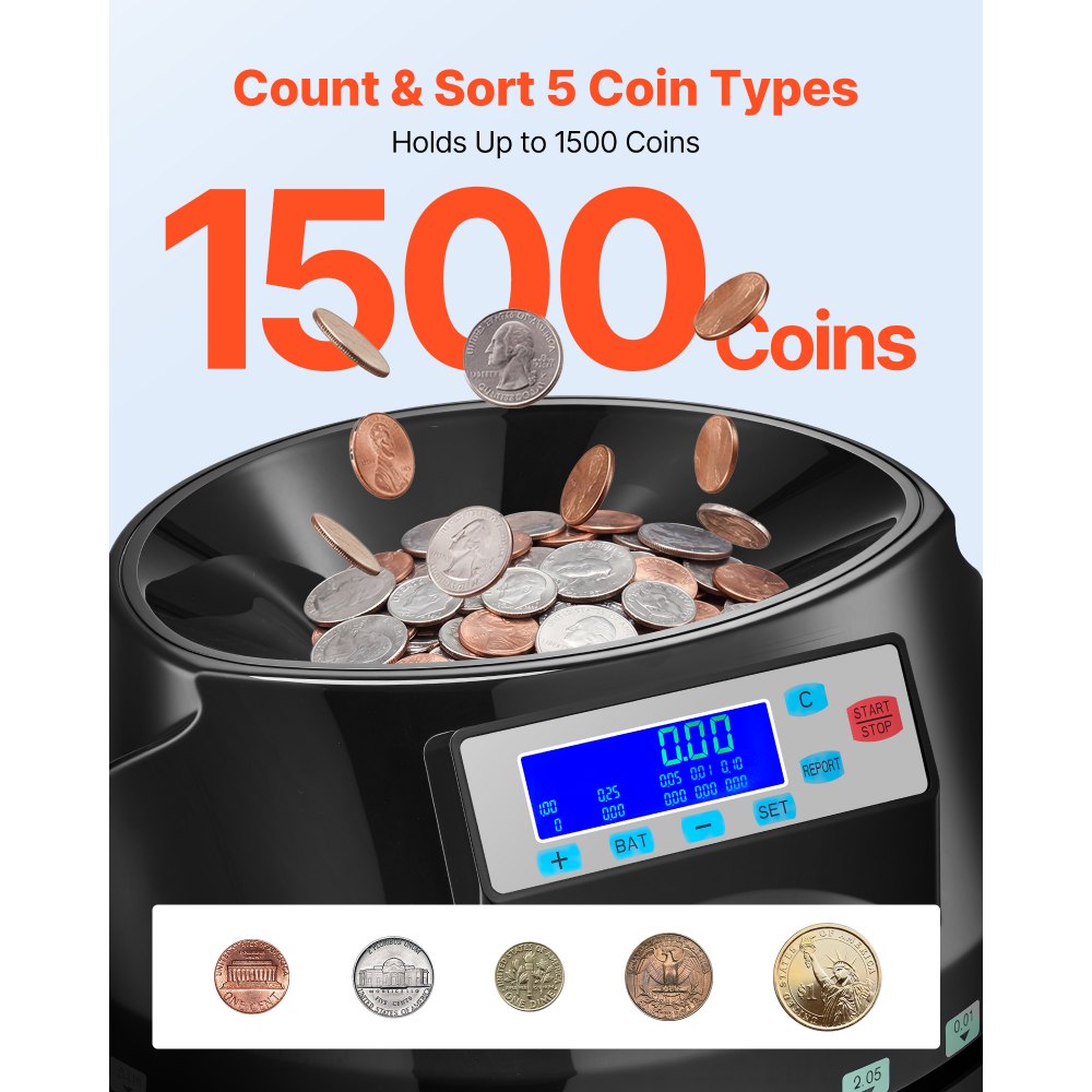 VEVOR Coin Counter Machine, 5 Denominations, Accurate Coin Sorter Machine, Sorts Up to 225 Coins Per Minute, USD Change Counter with LCD Display, Smooth Operation, Batch Feature, Holds 1500 Coins