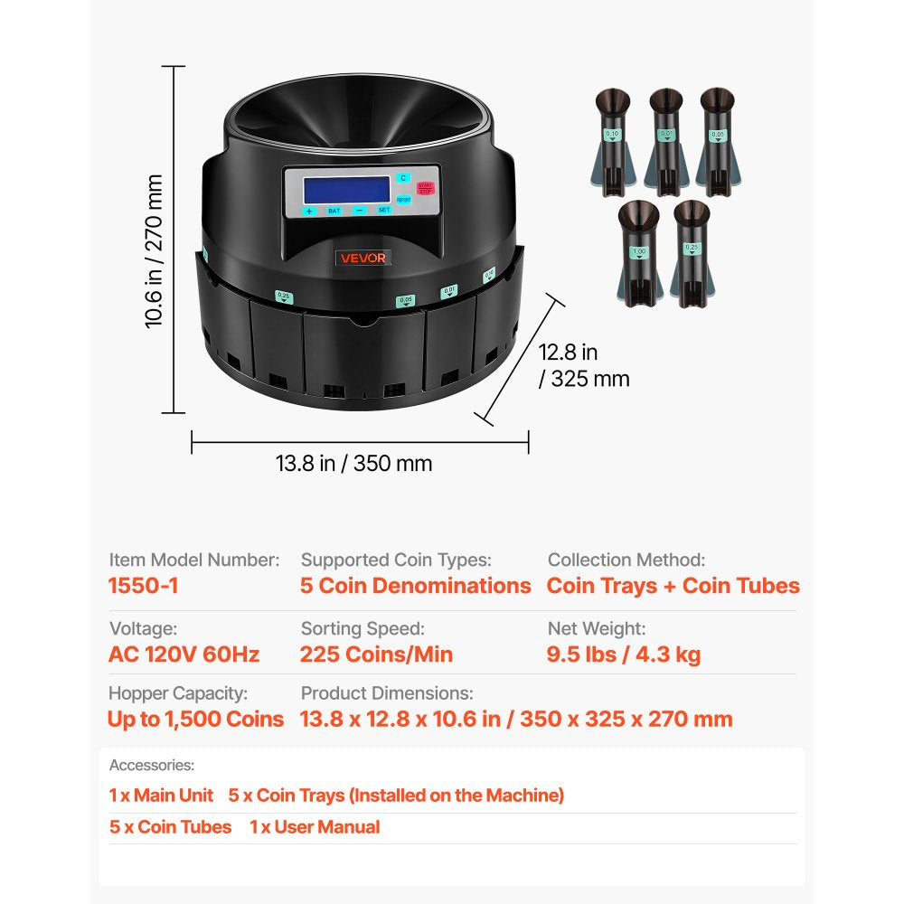 VEVOR Coin Counter Machine, 5 Denominations, Accurate Coin Sorter Machine, Sorts Up to 225 Coins Per Minute, USD Change Counter with LCD Display, Smooth Operation, Batch Feature, Holds 1500 Coins