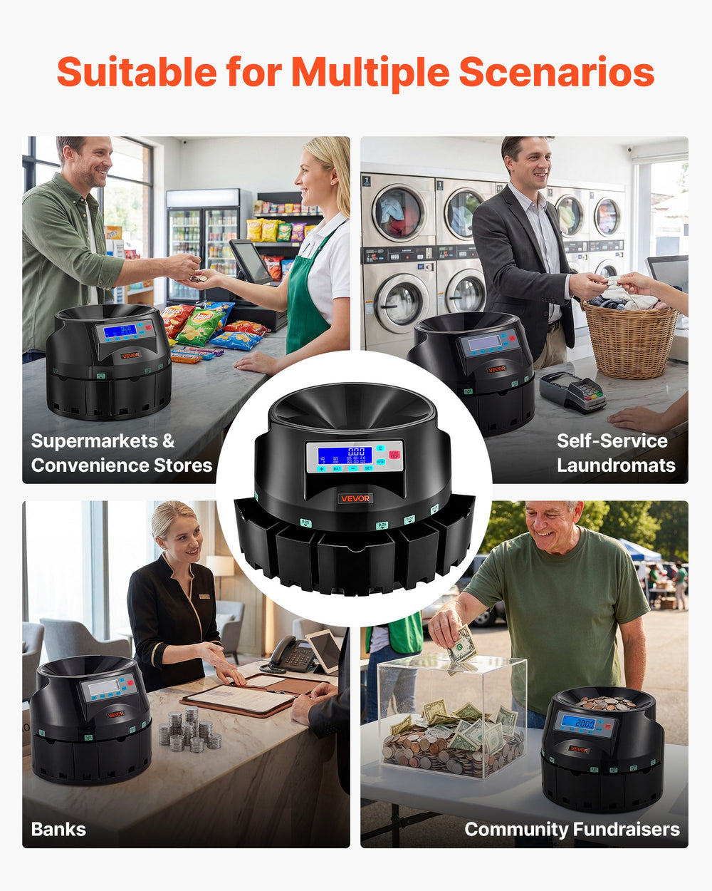 VEVOR Coin Counter Machine, 5 Denominations, Accurate Coin Sorter Machine, Sorts Up to 225 Coins Per Minute, USD Change Counter with LCD Display, Smooth Operation, Batch Feature, Holds 1500 Coins