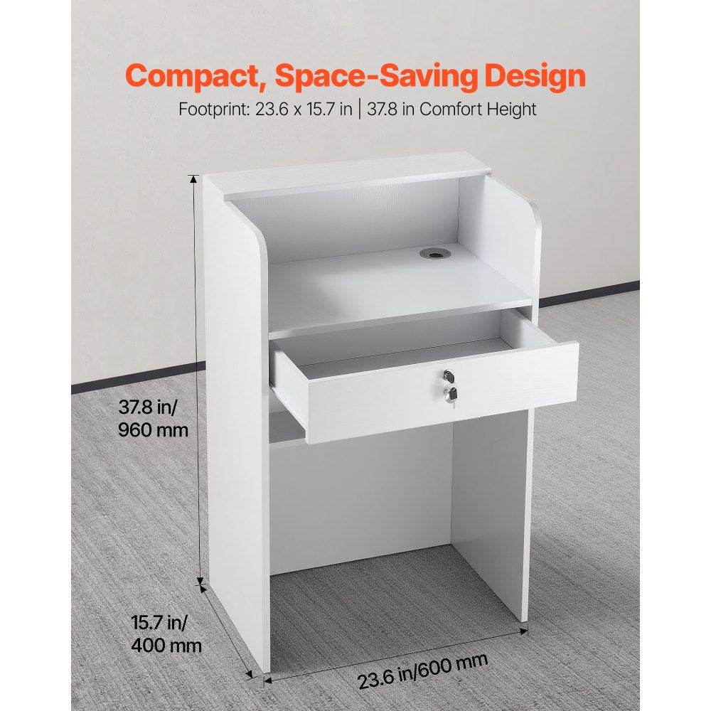 VEVOR Reception Desk, 23.6 inch Rectangular Front Counter Table, Modern Office Reception Desk with Drawer, Small Minimalist Retail Counter Table for Checkout, Lobby, Beauty Salon and Office, White