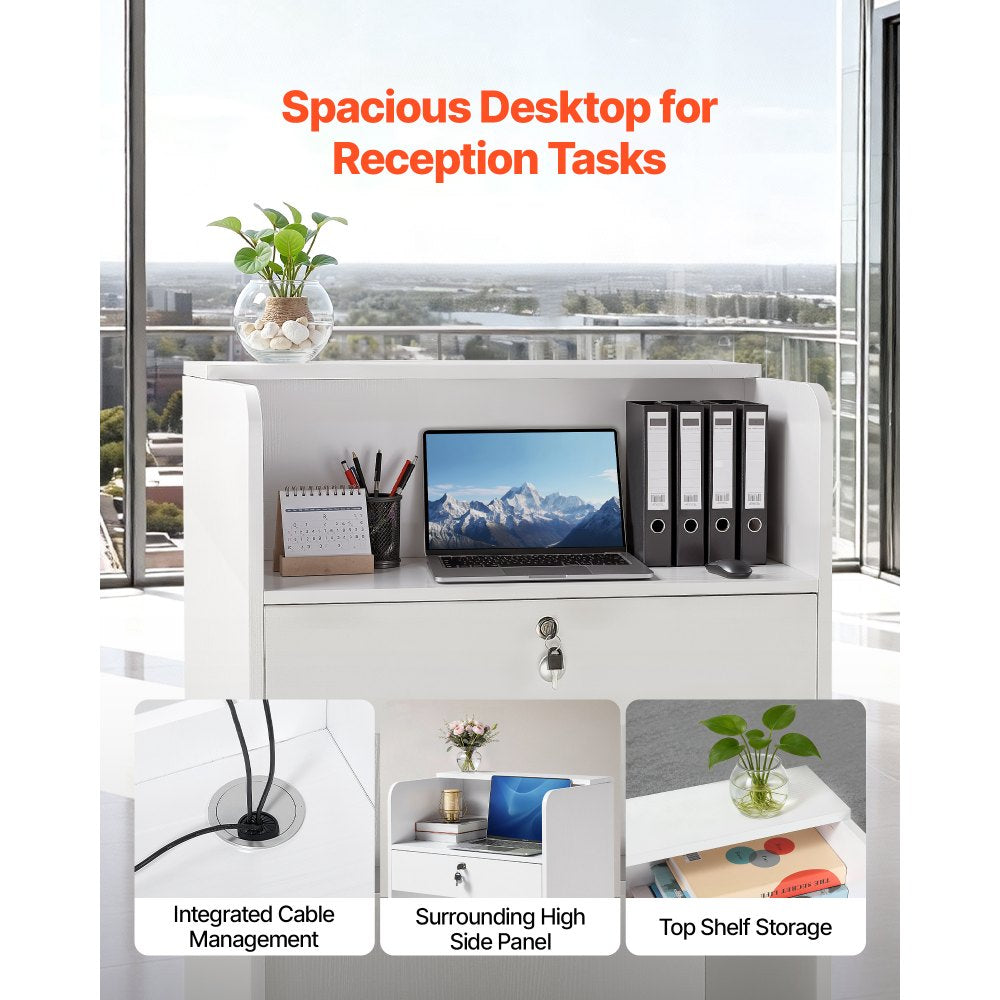 VEVOR Reception Desk, 23.6 inch Rectangular Front Counter Table, Modern Office Reception Desk with Drawer, Small Minimalist Retail Counter Table for Checkout, Lobby, Beauty Salon and Office, White