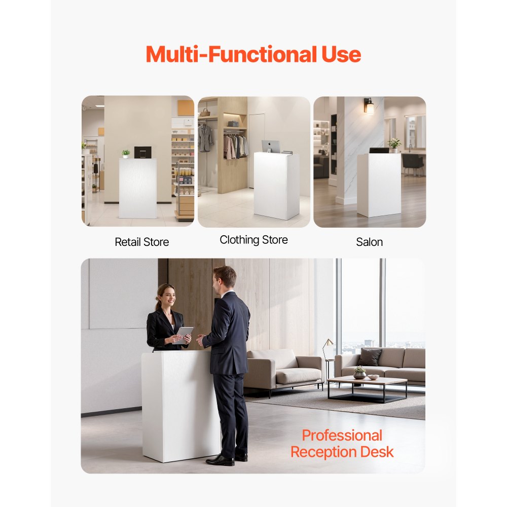 VEVOR Reception Desk, 23.6 inch Rectangular Front Counter Table, Modern Office Reception Desk with Drawer, Small Minimalist Retail Counter Table for Checkout, Lobby, Beauty Salon and Office, White