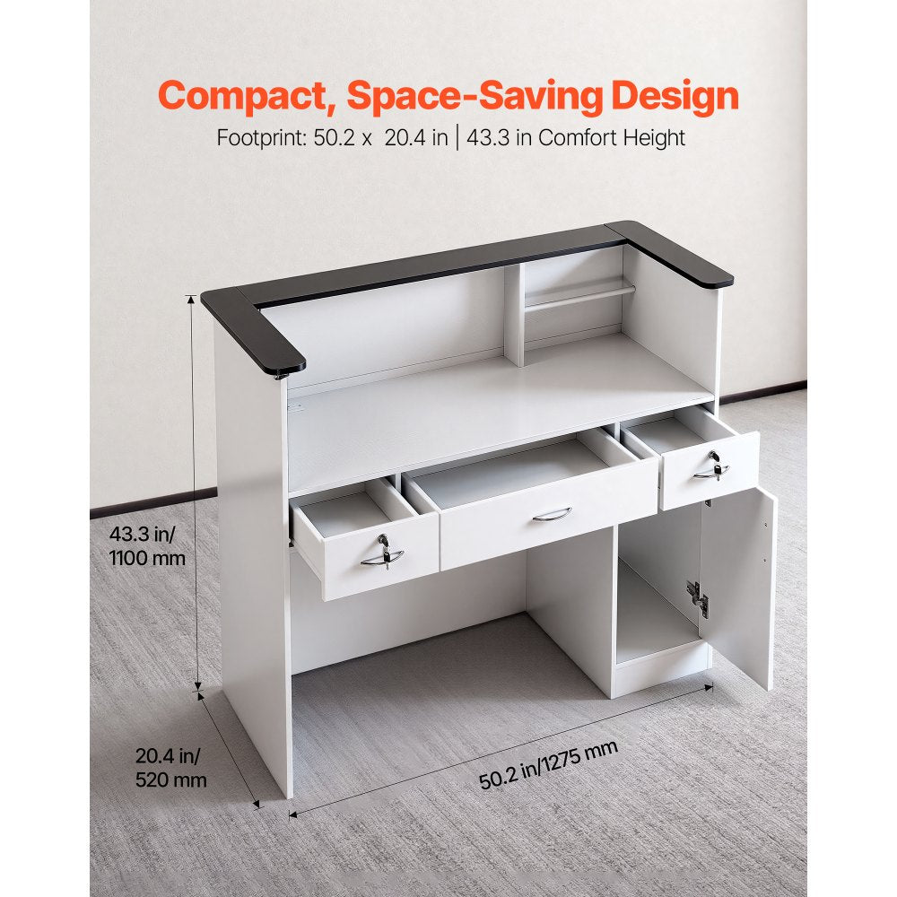 VEVOR Reception Desk, 50 inch Rectangular Front Counter Table, Modern Office Reception Desk with Light Strip, 3 Drawers & Storage Cabinets, Retail Counter Table for Checkout, Lobby, Salon, Office