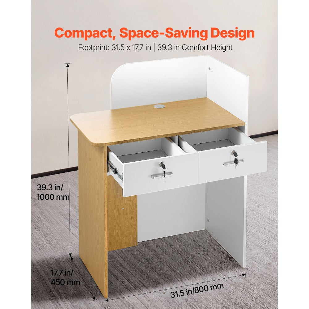VEVOR Reception Desk, 31.5 inch Rectangular Front Counter Table, Modern Office Reception Desk with LED Light, 2 Drawers & Power Outlets, Retail Counter Table for Checkout, Lobby, Beauty Salon, Office