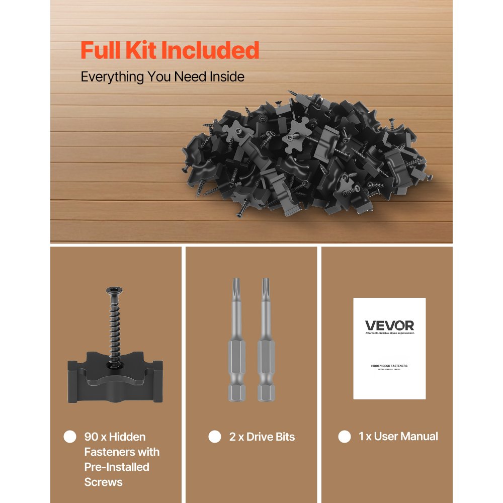 VEVOR 90PCS Hidden Deck Fasteners for Composite Decking Board, Universal Composite T Clips & Plastic Hidden Fasteners with Metal Screws,Polypropylene PP Clips Works with 0.26 inch Gaps, Black