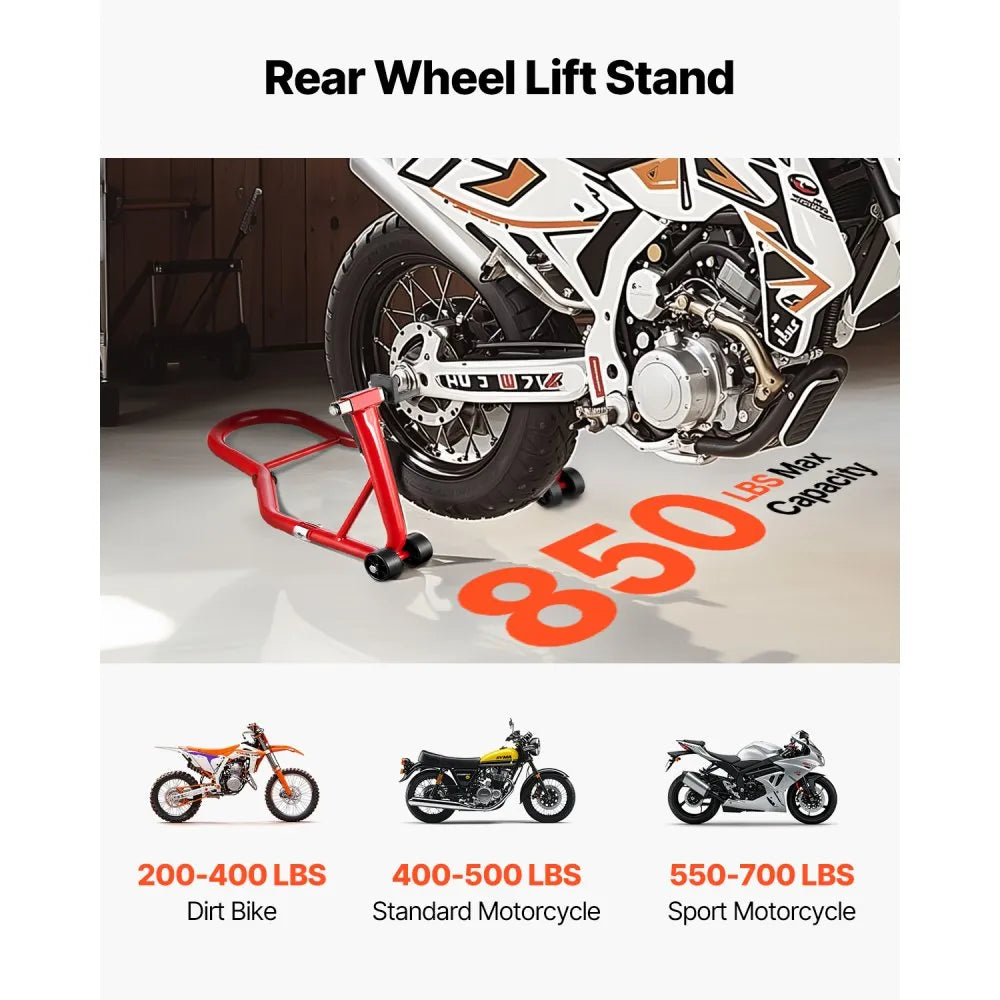 VEVOR Motorcycle Rear Wheel Stand, 850 LBS Load Capacity Heavy Duty Rear Wheel Stand with U + L Fork Swingarm Spool, Adjustabe Motorcycle Lift Jack Stand, for Suzuki Yamaha Honda Kawasaki, Red