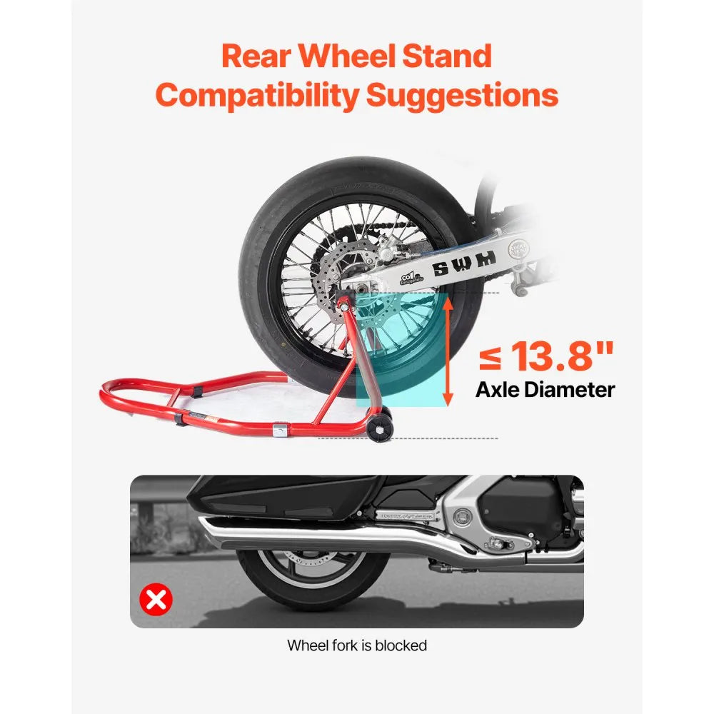 VEVOR Motorcycle Rear Wheel Stand, 850 LBS Load Capacity Heavy Duty Rear Wheel Stand with U + L Fork Swingarm Spool, Adjustabe Motorcycle Lift Jack Stand, for Suzuki Yamaha Honda Kawasaki, Red