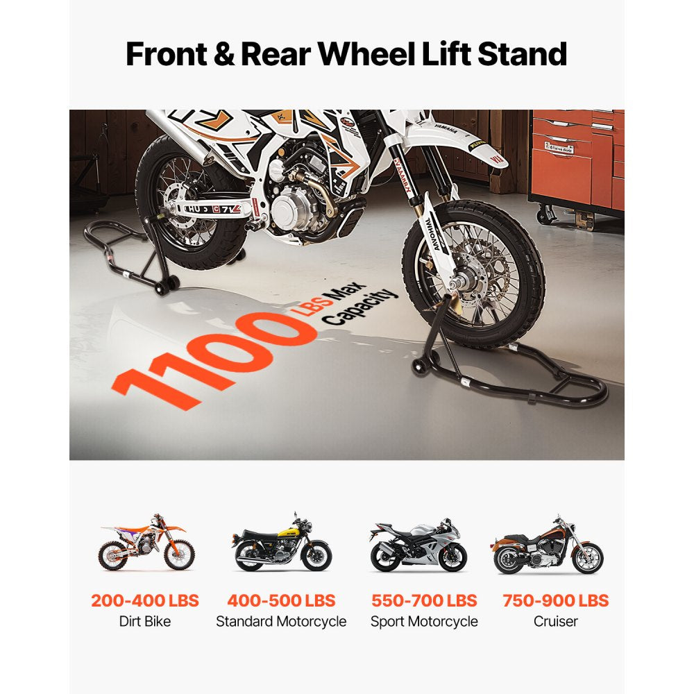VEVOR Motorcycle Stand Lift, 1100lbs Capacity Front Rear Combo Stand Lift, Front Wheel Dual-Fork Stand, Rear U+L Fork Swingarm Spool Stand, for Most Yamaha Honda Kawasaki Suzuki Motorcycles, Black