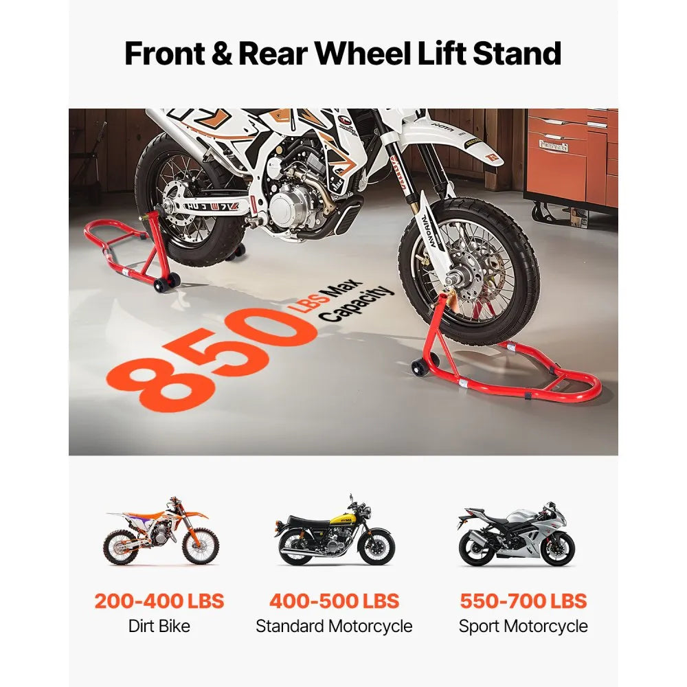 VEVOR Motorcycle Stand Lift, 850lbs Capacity Front Rear Combo Stand Lift, Front Wheel Dual-Fork Stand, Rear U+L Fork Swingarm Spool Stand, for Most Yamaha Honda Kawasaki Suzuki Motorcycles, Red