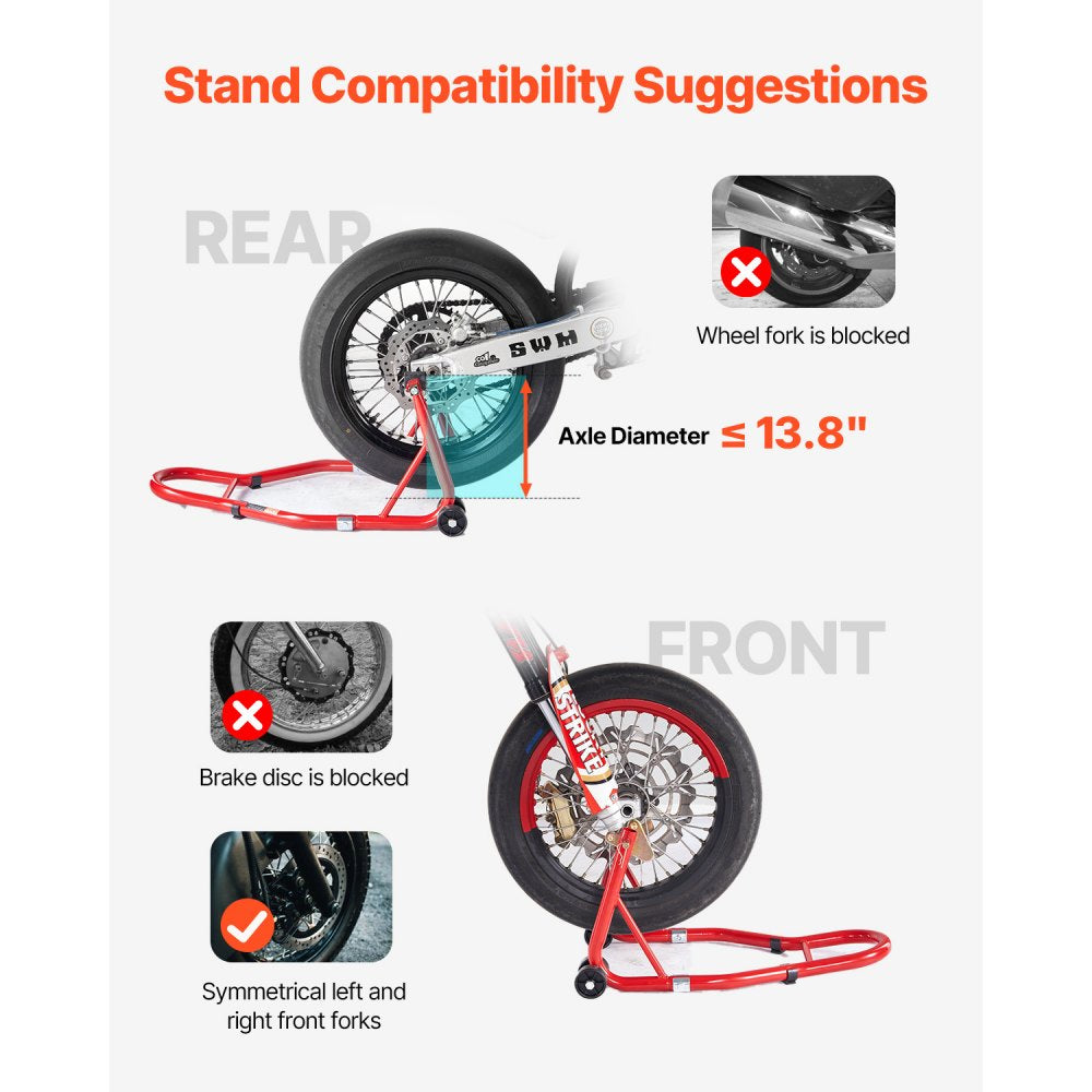 VEVOR Motorcycle Stand Lift, 850lbs Capacity Front Rear Combo Stand Lift, Front Wheel Dual-Fork Stand, Rear U+L Fork Swingarm Spool Stand, for Most Yamaha Honda Kawasaki Suzuki Motorcycles, Red