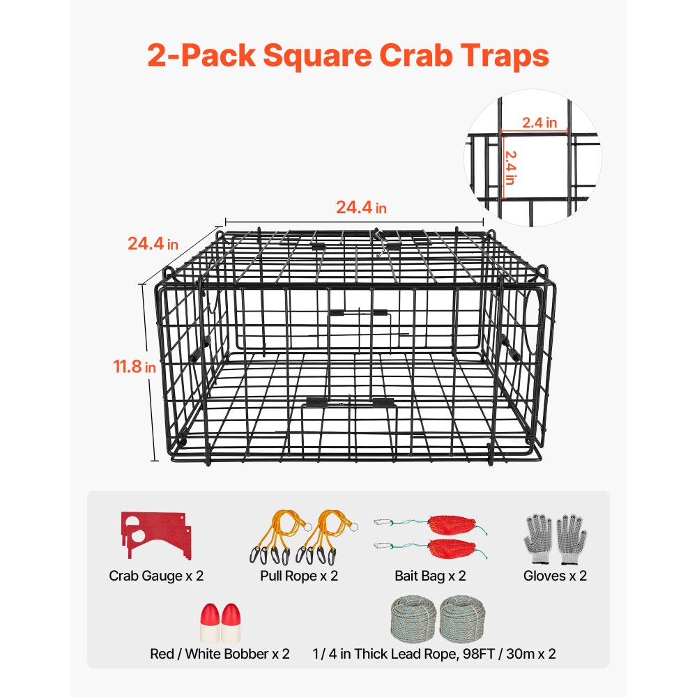 VEVOR Crab Trap, 2 Packs, 24.4x24.4x11.8 inch Heavy Duty Large Crab Pot Trap for Dungeness, Black PVC Coated Wire Mesh for Stealth, with Gauge, Red/White Float, 100ft Leaded Core Rope, and Gloves