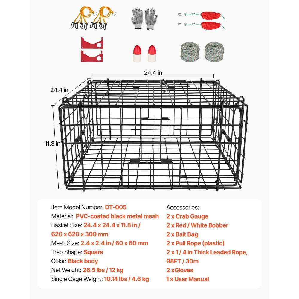 VEVOR Crab Trap, 2 Packs, 24.4x24.4x11.8 inch Heavy Duty Large Crab Pot Trap for Dungeness, Black PVC Coated Wire Mesh for Stealth, with Gauge, Red/White Float, 100ft Leaded Core Rope, and Gloves