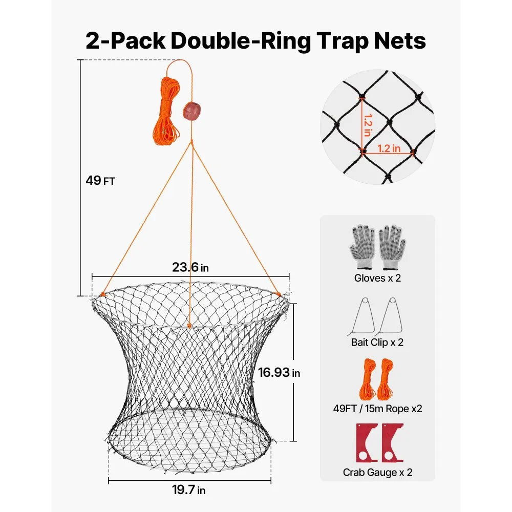 VEVOR Double Ring Crab Trap, 24 inch Top, 20 inch Bottom, Two Rings Crab Kit, Foldable Fishing Net with Gauge, 60 ft Rope, Wire Grid Bottom, Rock and Blue Crab, Dock & Pier Crabbing, 2 Set