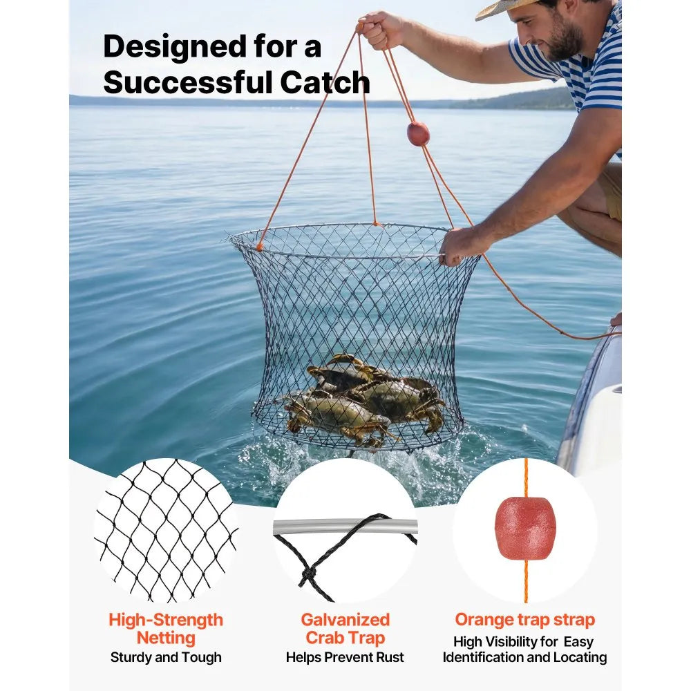 VEVOR Double Ring Crab Trap, 24 inch Top, 20 inch Bottom, Two Rings Crab Kit, Foldable Fishing Net with Gauge, 60 ft Rope, Wire Grid Bottom, Rock and Blue Crab, Dock & Pier Crabbing, 2 Set