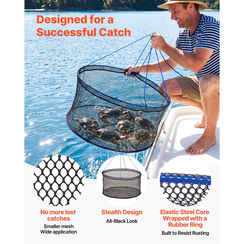 VEVOR Foldable Fishing Net, Landing Fishing Pier Nets, Portable Drop Net for Pulling up Fish, Durable and Fish-friendly, with Rope and Storage Bag, for Minnows, Crawfish, Shrimp, Crab