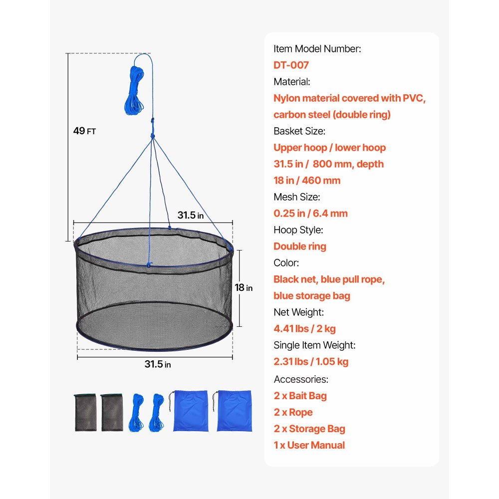 VEVOR Foldable Fishing Net, Landing Fishing Pier Nets, Portable Drop Net for Pulling up Fish, Durable and Fish-friendly, with Rope and Storage Bag, for Minnows, Crawfish, Shrimp, Crab