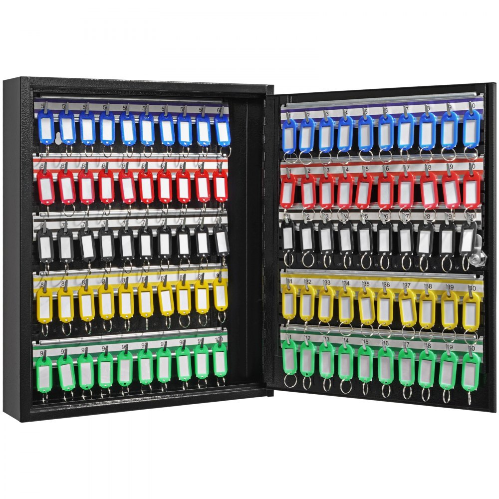 VEVOR 100-Key Cabinet, Key Lock Box with Adjustable Racks, Security Key Storage Box Steel, Key Organizer with 100 Colorful Key Tags and 2 Record Cards for School, Office, Hotel