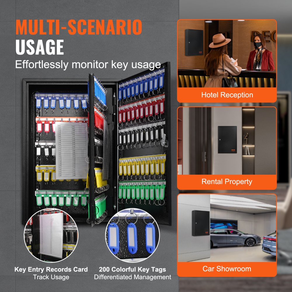 VEVOR 200-Key Cabinet, Key Lock Box with Adjustable Racks, Security Key Storage Box Steel, Key Organizer with 200 Colorful Key Tags and 4 Record Cards for School, Office, Hotel
