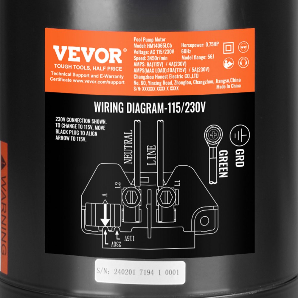 VEVOR 0.75 HP Pool Pump Motor, 56J Frame, 115V(8 Amps)/230V(4 Amps) 3450 RPM, 60Hz, 1.5 Service Factor, 80μF/250V Capacitor, CCW Rotation Round Flange Replacement Motor