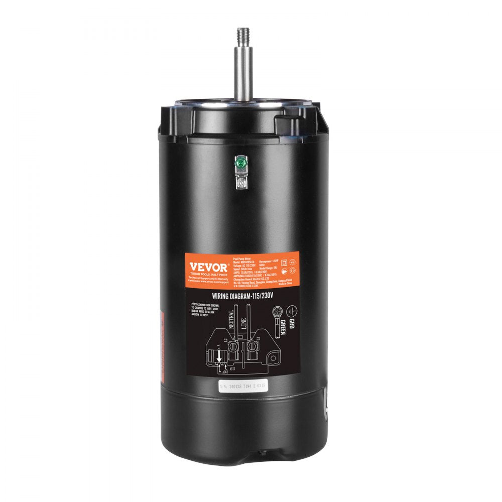 VEVOR 1.5 HP Pool Pump Motor, 56J Frame, 115V(13.6 Amps)/230V(6.8 Amps) 3450 RPM, 60Hz, 1.3 Service Factor, 90μF/250V Capacitor, CCW Rotation Round Flange Replacement Motor
