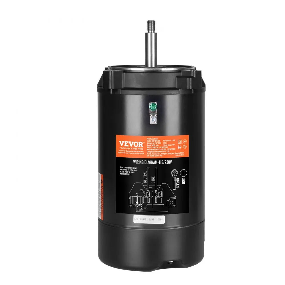 VEVOR 1 HP Pool Pump Motor, 56J Frame, 115V(9.8 Amps)/230V(4.9 Amps) 3450 RPM, 60Hz, 1.4 Service Factor, 90μF/250V Capacitor, CCW Rotation Round Flange Replacement Motor