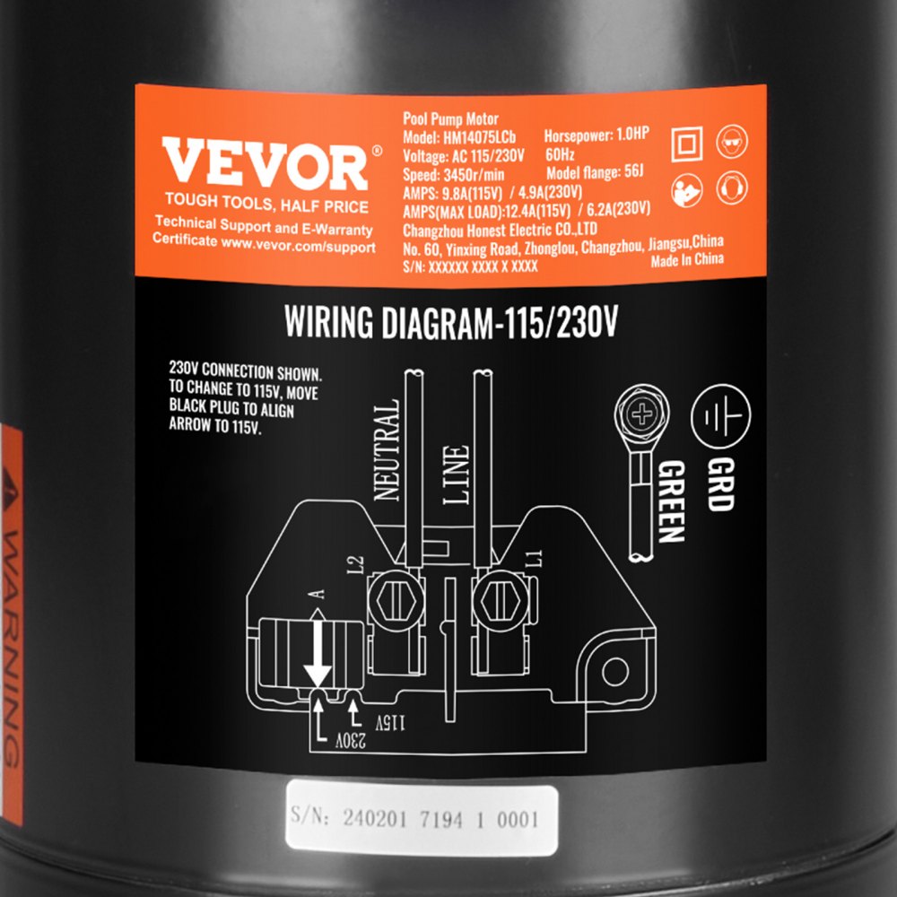 VEVOR 1 HP Pool Pump Motor, 56J Frame, 115V(9.8 Amps)/230V(4.9 Amps) 3450 RPM, 60Hz, 1.4 Service Factor, 90μF/250V Capacitor, CCW Rotation Round Flange Replacement Motor