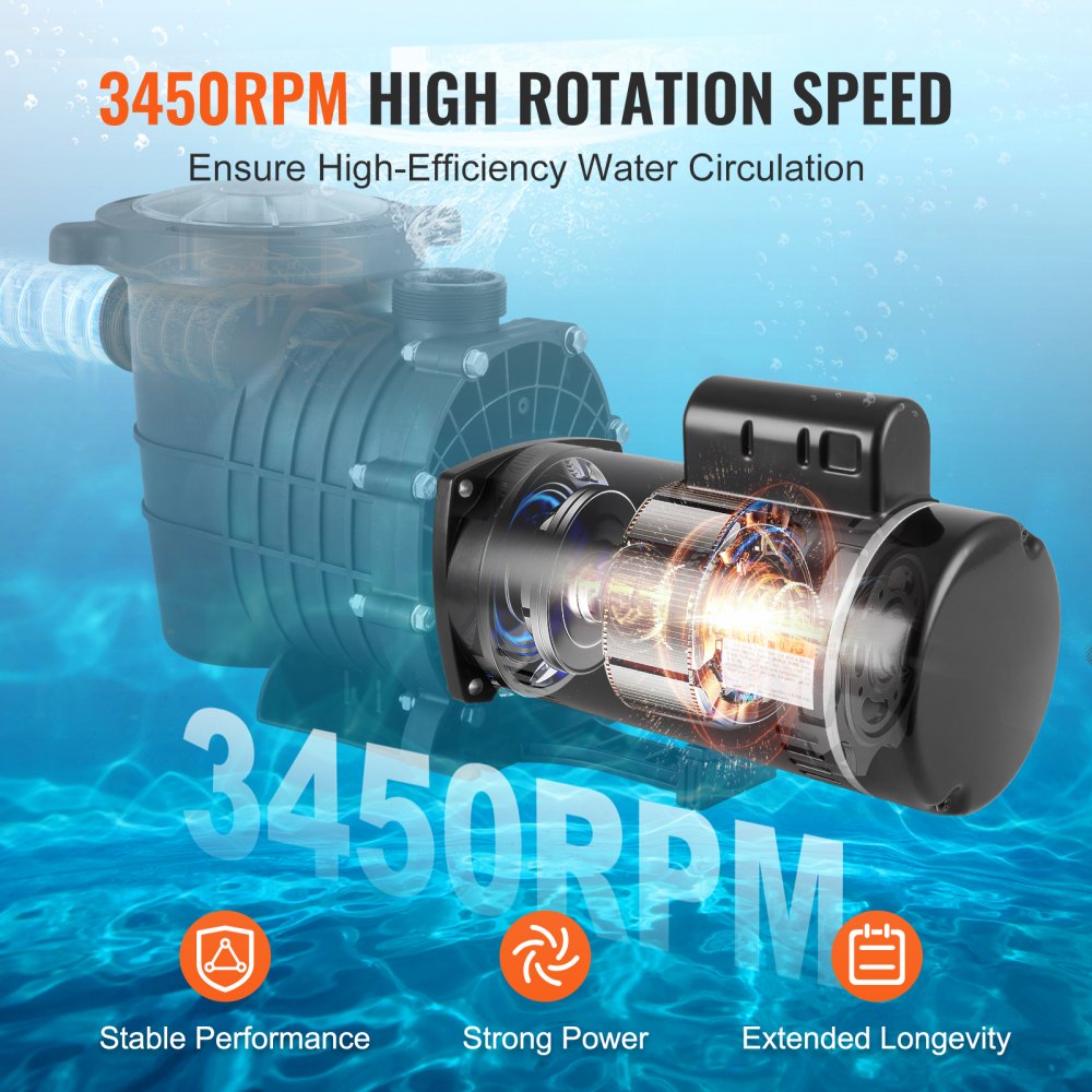 VEVOR 1 HP Pool Pump Motor, 56Y Frame, 115V(9 Amps)/230V(4.5 Amps) 3450RPM, 60Hz, 1.25 Service Factor, 90μF/250V Capacitor, CCW Rotation Square Flange Replacement Motor