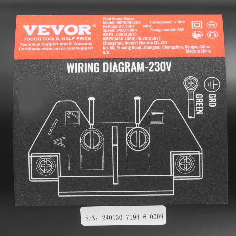 VEVOR 2 HP Pool Pump Motor, 56Y Frame, 230V (7.8 Amps) 3450 RPM, 60Hz, 1.3 Service Factor, 50μF/250V Capacitor, CCW Rotation Square Flange Replacement Motor