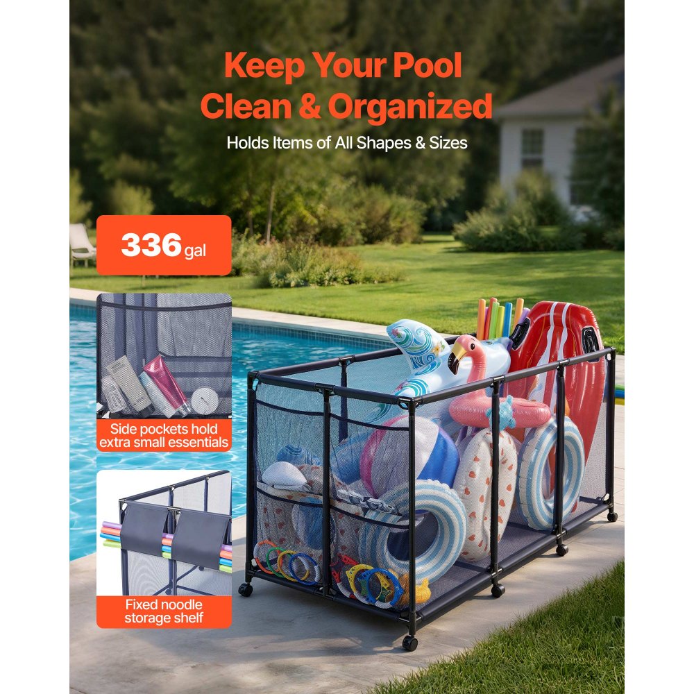 VEVOR Pool Storage Bin, 69 x 32 x 35 in, Rolling Pool Float Storage Organizer with Side Pockets & Noodles Holder, Durable Metal Frame, Poolside Toys Breathable Mesh Basket for Swimming Pools