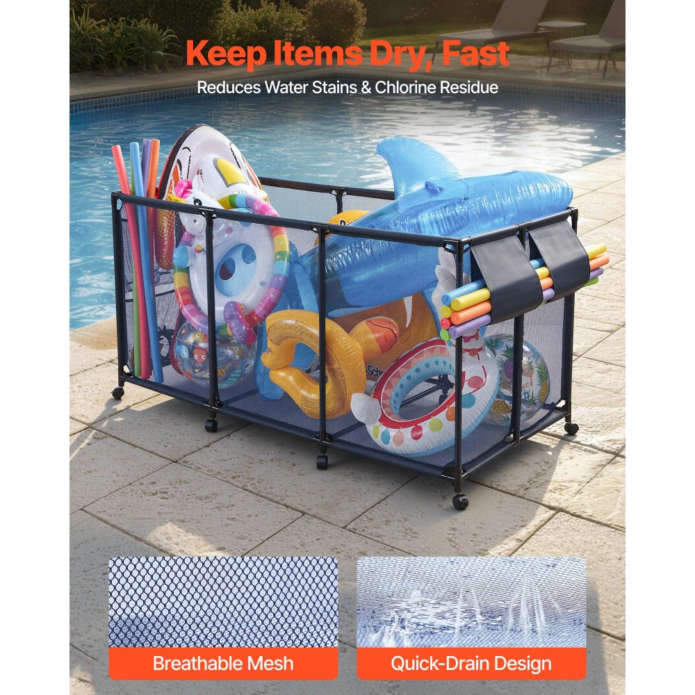 VEVOR Pool Storage Bin, 69 x 32 x 35 in, Rolling Pool Float Storage Organizer with Side Pockets & Noodles Holder, Durable Metal Frame, Poolside Toys Breathable Mesh Basket for Swimming Pools