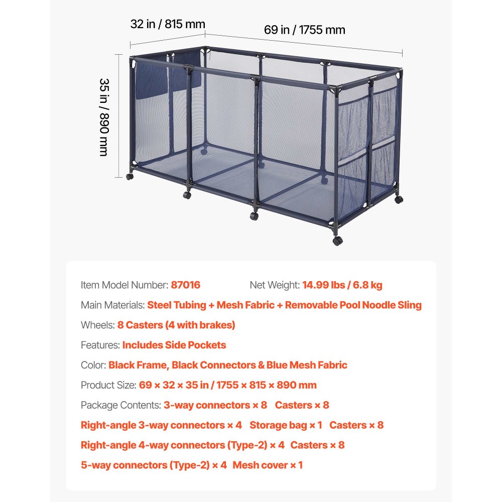VEVOR Pool Storage Bin, 69 x 32 x 35 in, Rolling Pool Float Storage Organizer with Side Pockets & Noodles Holder, Durable Metal Frame, Poolside Toys Breathable Mesh Basket for Swimming Pools