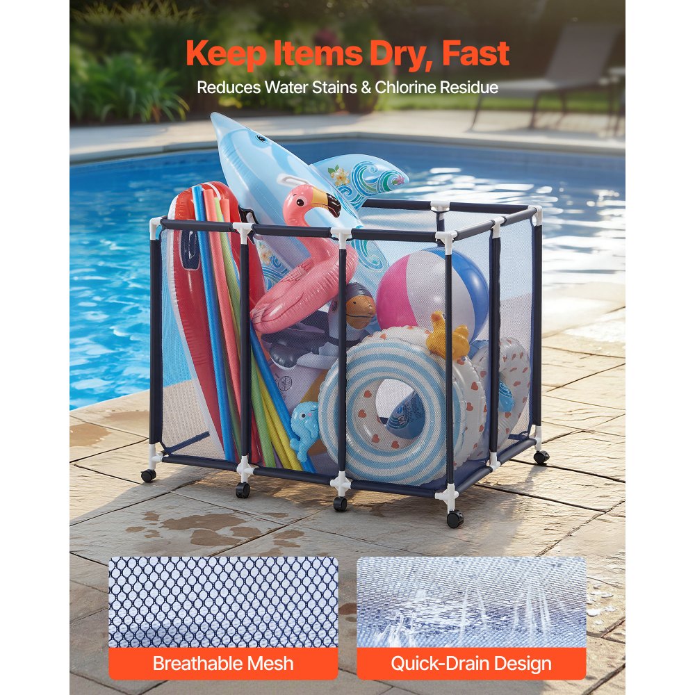 VEVOR Pool Storage Bin, 48 x 33 x 39 in, Rolling Pool Float Storage Organizer with Casters, Durable Plastic Frame, Poolside Toys Noodles Holder, Breathable Mesh Basket for Swimming Pools
