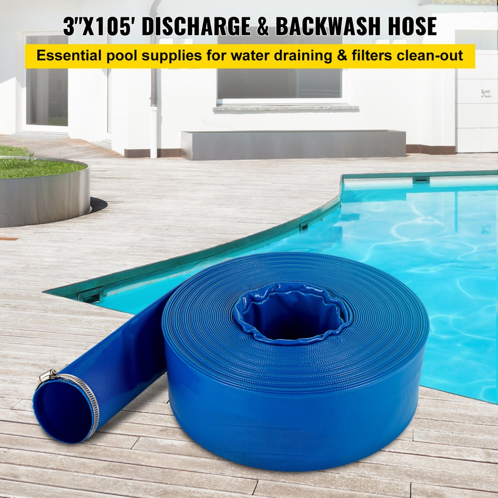 VEVOR Discharge Hose, 3\" x 105\', PVC Lay Flat Hose, Heavy Duty Backwash Drain Hose with Clamps, Weather-proof & Burst-proof, Ideal for Swimming Pool & Water Transfer, Blue