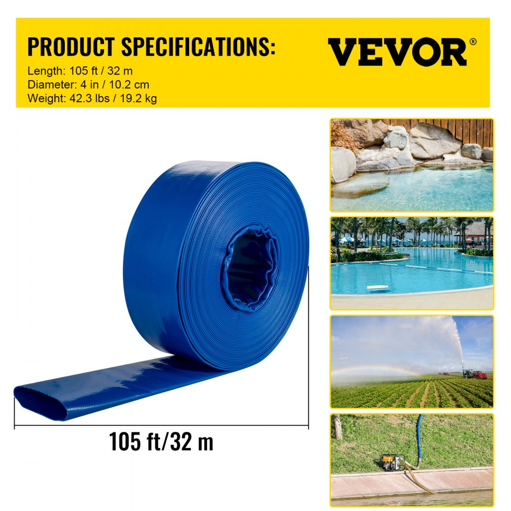VEVOR Discharge Hose, 4\" x 105\', PVC Lay Flat Hose, Heavy Duty Backwash Drain Hose with Clamps, Weather-proof & Burst-proof, Ideal for Swimming Pool & Water Transfer, Blue