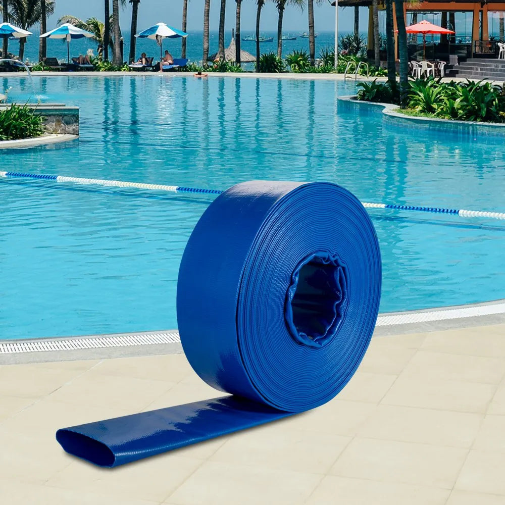 VEVOR Discharge Hose, 1-1/2" x 100', PVC Fabric Lay Flat Hose, Heavy Duty Backwash Drain Hose with Clamps, Weather-proof & Burst-proof, Ideal for Swimming Pool & Water Transfer, Blue