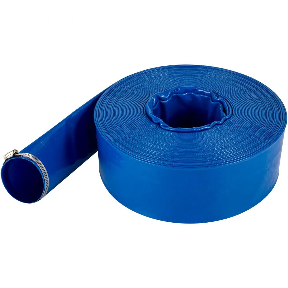 VEVOR Discharge Hose, 1-1/2" x 100', PVC Fabric Lay Flat Hose, Heavy Duty Backwash Drain Hose with Clamps, Weather-proof & Burst-proof, Ideal for Swimming Pool & Water Transfer, Blue