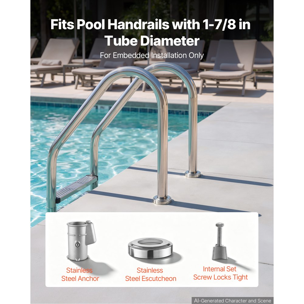 VEVOR Pool Handrail Anchor Kit 2 Pack 316 Stainless Steel for In-ground, Pool Ladder Anchors and Escutcheon Fits 1-7/8 in OD Rail, Secure Fit, Heavy-Duty Mount Set for Hard Concrete, Silver