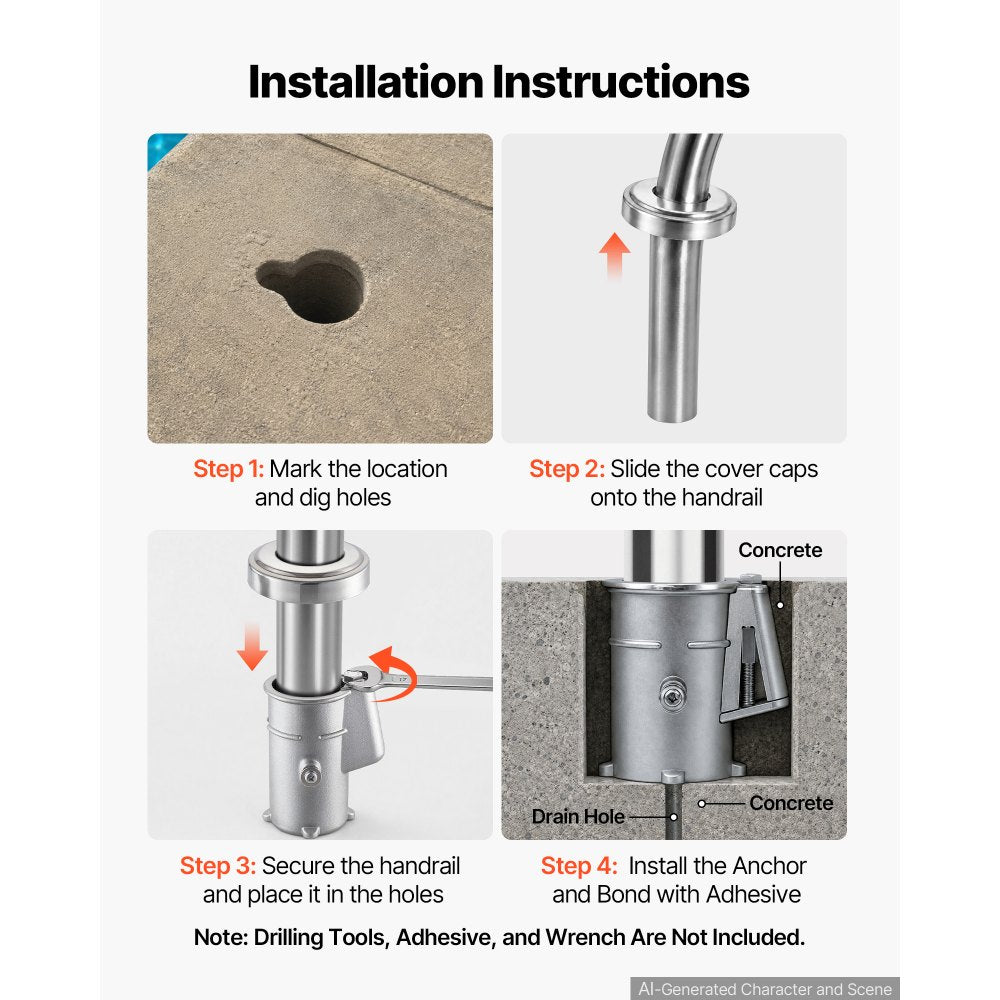 VEVOR Pool Handrail Anchor Kit 2 Pack 316 Stainless Steel for In-ground, Pool Ladder Anchors and Escutcheon Fits 1-7/8 in OD Rail, Secure Fit, Heavy-Duty Mount Set for Hard Concrete, Silver