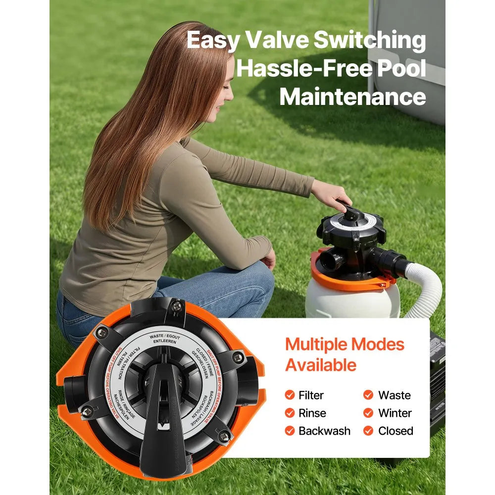 VEVOR 10 in Sand Filter Pump for Above Ground Pool, 0.33 HP 3000 GPH, Swimming Pool Sand Filter Pump with Pre-Assembled Core & Leak-Resistant Design, 6-Way Valve, High-Efficiency Filtration for Pools