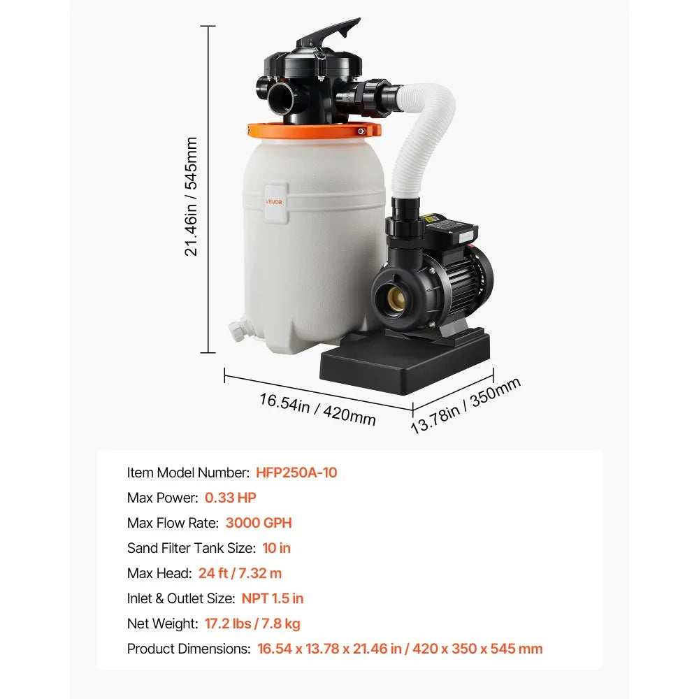 VEVOR 10 in Sand Filter Pump for Above Ground Pool, 0.33 HP 3000 GPH, Swimming Pool Sand Filter Pump with Pre-Assembled Core & Leak-Resistant Design, 6-Way Valve, High-Efficiency Filtration for Pools