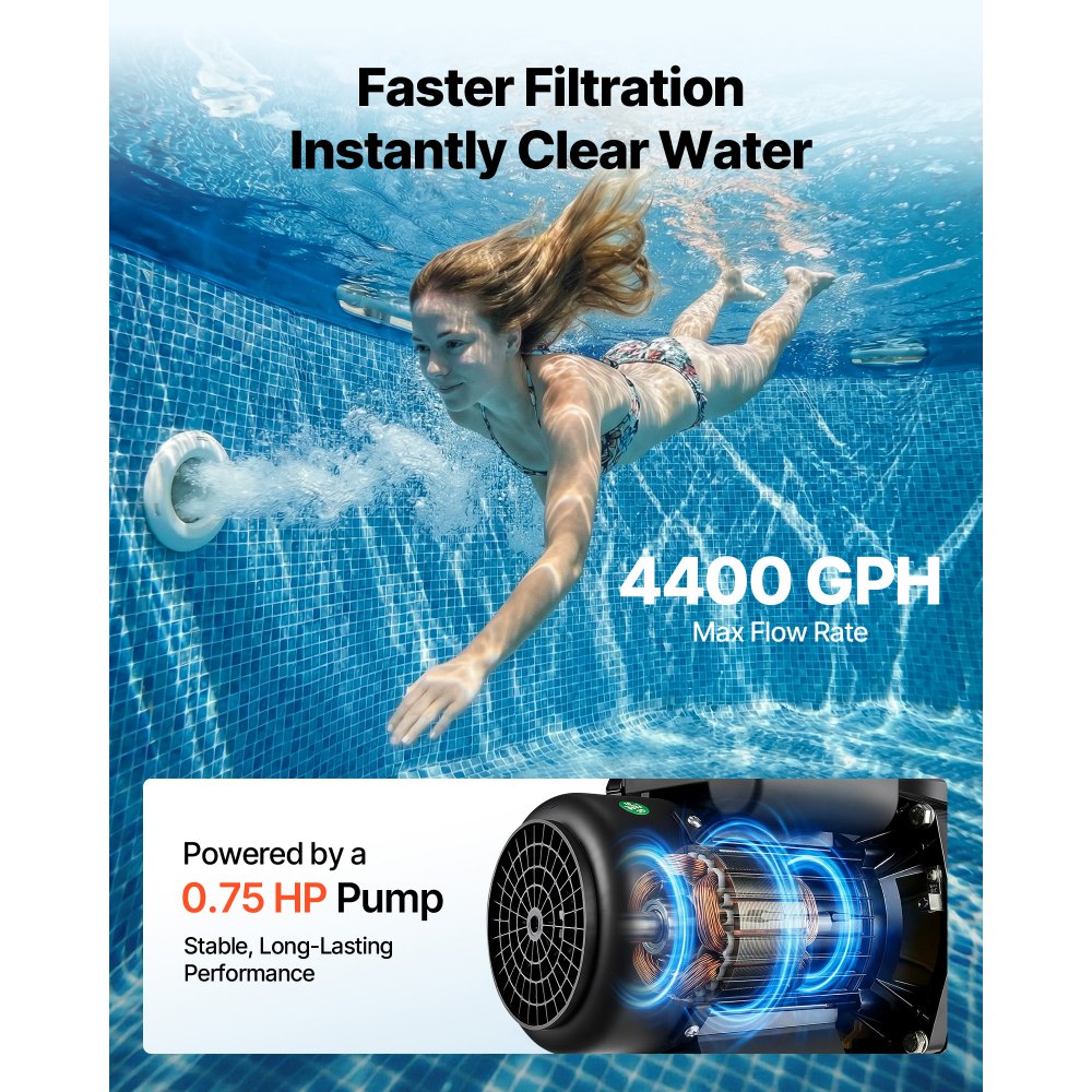 VEVOR 16 in Sand Filter Pump for Above Ground Pool, 0.75 HP 4400 GPH, Swimming Pool Sand Filter Pump with Pre-Assembled Core & Leak-Resistant Design, 6-Way Valve, High-Efficiency Filtration for Pools