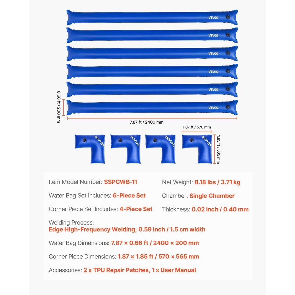 VEVOR Pool Cover Water Bags Set, 6 Packs 8 Ft Single Chamber Pool Cover Water Bags & 4 Corner Tubes, 0.4mm Thick PVC Bag Weights with Leakproof Valve, for Winter Inground Swimming-Pool Covers