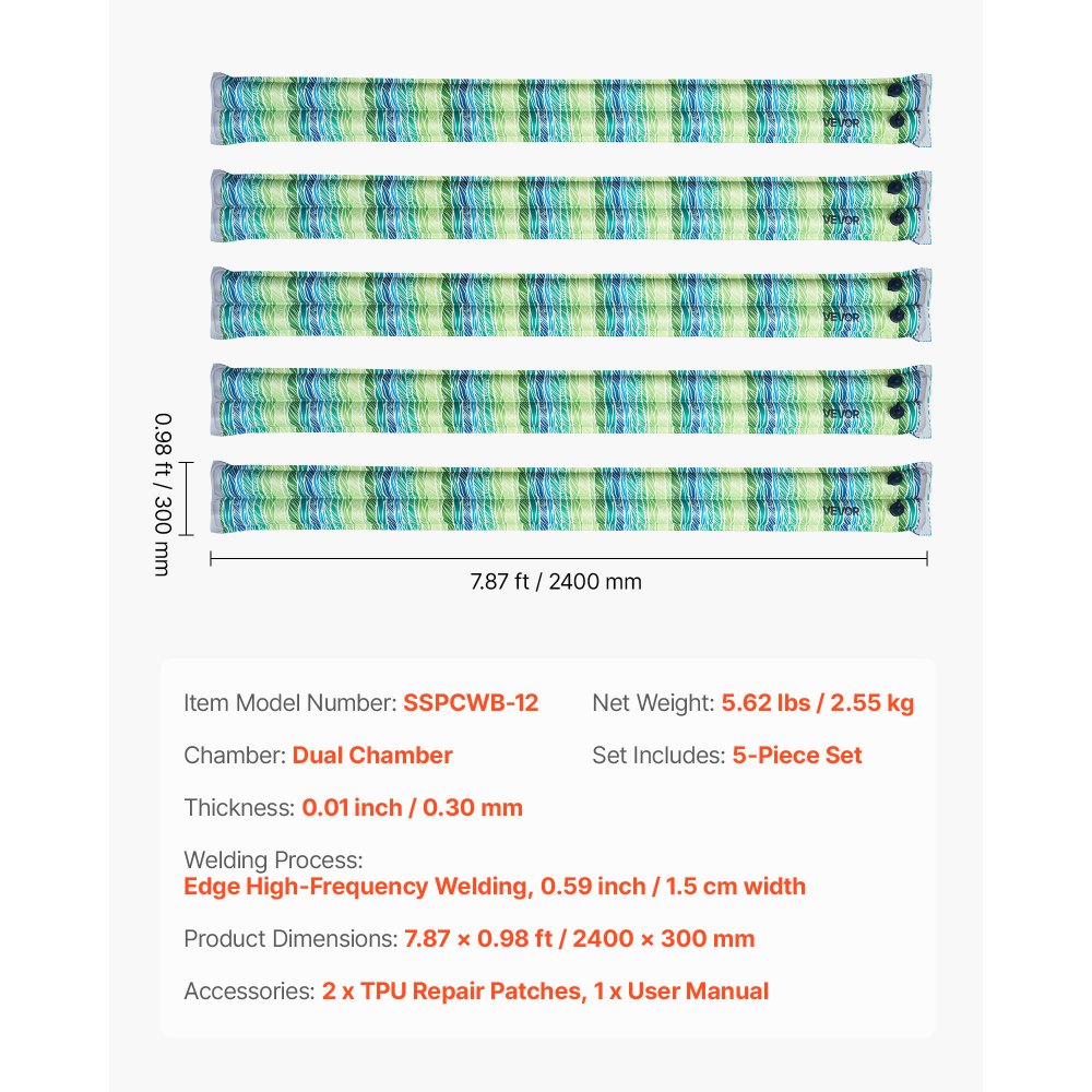 VEVOR Pool Cover Water Bags, 5 Packs 8 Ft, Double Chamber Pool Cover Water Tubes with Reflective Strips, 0.3mm Thick PVC Bags Weights with Leakproof Screw Cap, for Winter Inground Swimming-Pool Covers