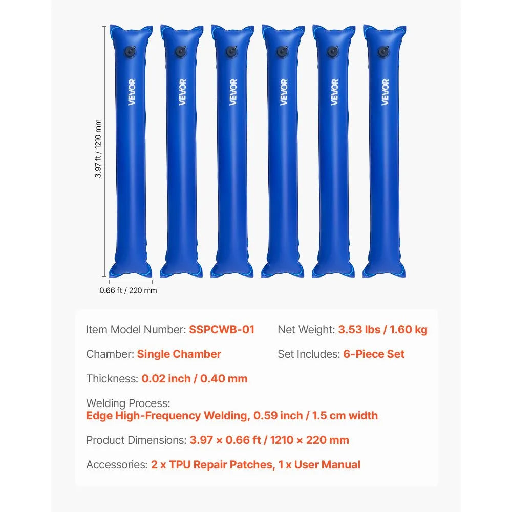 VEVOR Pool Cover Water Bags, 6 Packs 4 Ft, Single Chamber Pool Cover Water Tubes, 0.4mm Thick PVC Bags Weights with Leakproof Screw Cap, for Inground Swimming-Pool Covers Winter Closing, Blue
