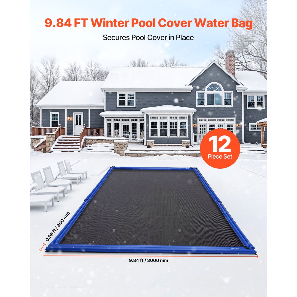 VEVOR Pool Cover Water Bags, 12 Packs 10 Ft, Double Chamber Pool Cover Water Tubes, 0.4mm Thick PVC Bags Weights with Leakproof Screw Cap, for Inground Swimming-Pool Covers Winter Closing, Blue