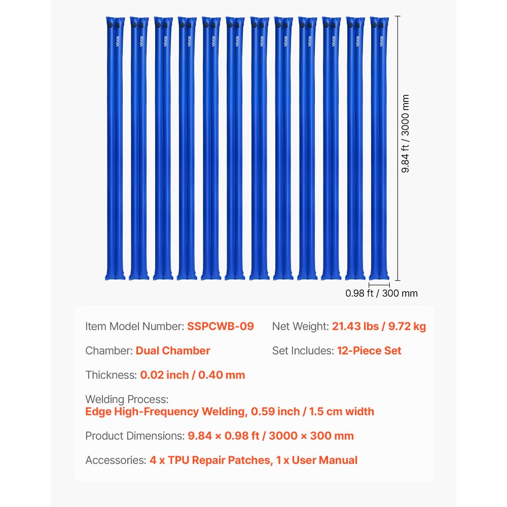 VEVOR Pool Cover Water Bags, 12 Packs 10 Ft, Double Chamber Pool Cover Water Tubes, 0.4mm Thick PVC Bags Weights with Leakproof Screw Cap, for Inground Swimming-Pool Covers Winter Closing, Blue