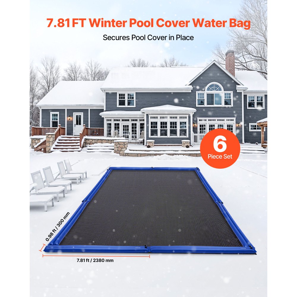 VEVOR Pool Cover Water Bags, 6 Packs 8 Ft, Double Chamber Pool Cover Water Tubes, 0.4mm Thick PVC Bags Weights with Leakproof Screw Cap, for Inground Swimming-Pool Covers Winter Closing, Blue