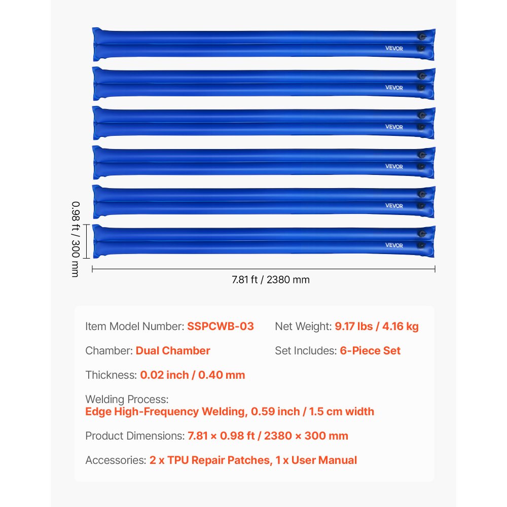 VEVOR Pool Cover Water Bags, 6 Packs 8 Ft, Double Chamber Pool Cover Water Tubes, 0.4mm Thick PVC Bags Weights with Leakproof Screw Cap, for Inground Swimming-Pool Covers Winter Closing, Blue