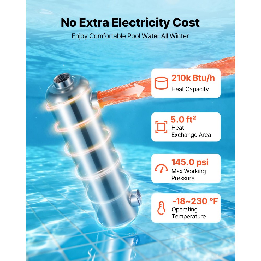 VEVOR Pool Heat Exchanger, 210K BTU Swimming Pool Heater Exchanger, 316L Stainless Steel Construction, High Efficiency Water to Water Transfer Heating System for Spa, Hot Tub, Indoor/Outdoor, Silver